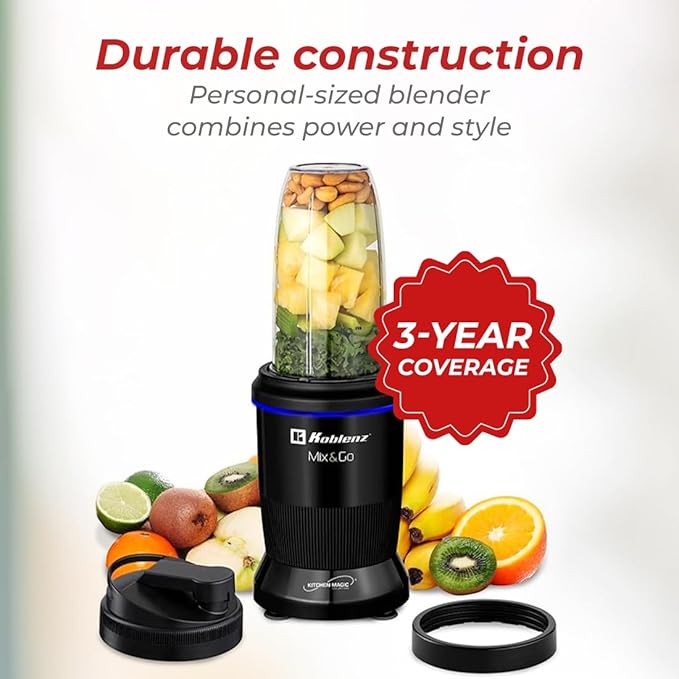 Koblenz Mix&Go Personal Blender, Portable Size Blender for Shakes and Smoothies with Auto-Stop Function, 1000w Motor, Stainless Steel Blades, To-Go Cup, Easy to Clean, Black
