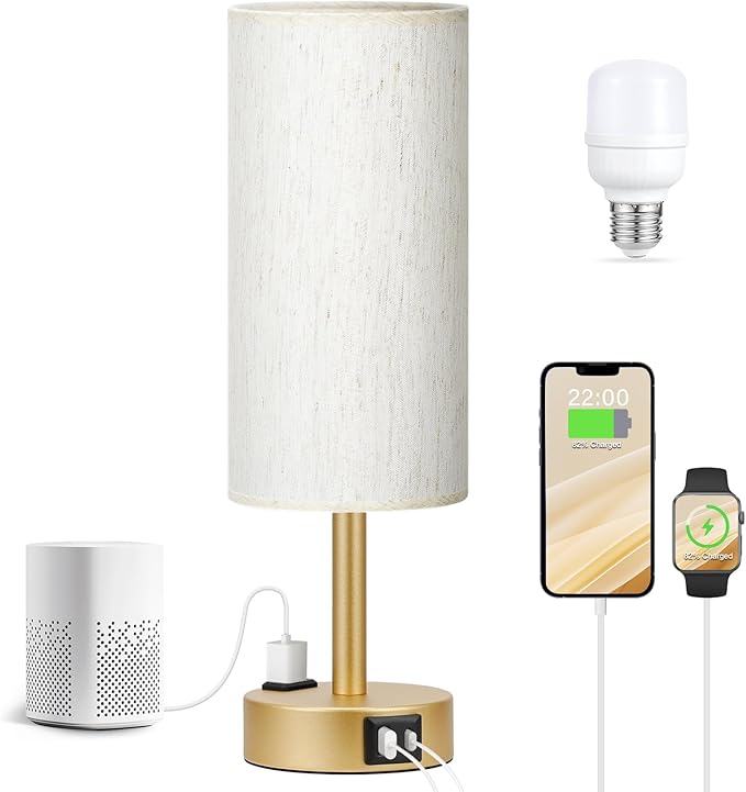Gold Nightstand Bedroom Lamp - 3 Way Dimmable Bedside Lamp USB C A Charging Ports and AC Outlet, Small Table Lamp Linen Lampshade for Office Desk, LED Bulb Included