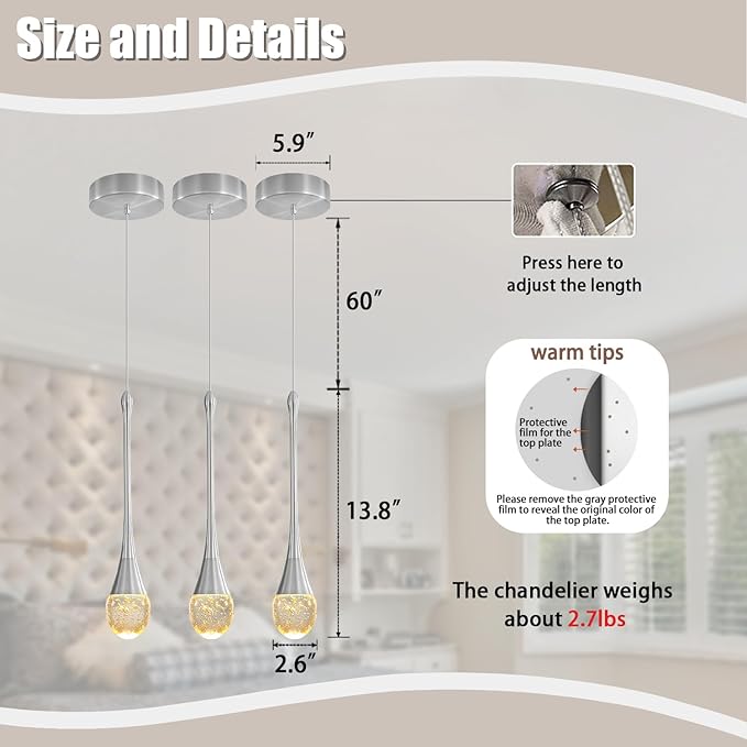 Modern Pendant Lights for Kitchen Island Silver Raindrop Crystal Hanging Light Fxitures Mini Pendant Light Fixture for Dining Room Bar Bedroom （3pack）