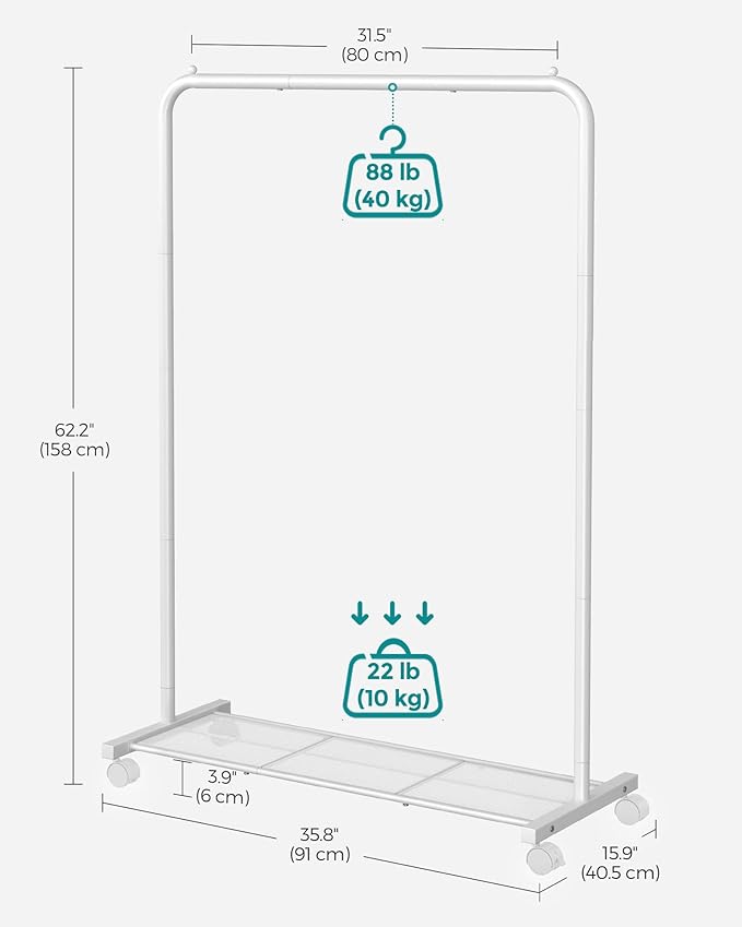 SONGMICS Clothes Rack with Wheels, Clothing Rack for Hanging Clothes, 25.4 mm Metal Garment Rack with Dense Mesh Storage Shelf, 110 lb Load Capacity, 2 Brakes, Cloud White UHSR025W01