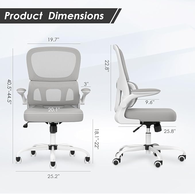 Soohow Office Chair, Mesh Ergonomic Office Chair with Lumbar Support, Comfy Computer Desk Chair with Flip Armrest Rolling Wheels for Home Study Room Office, White & Gray