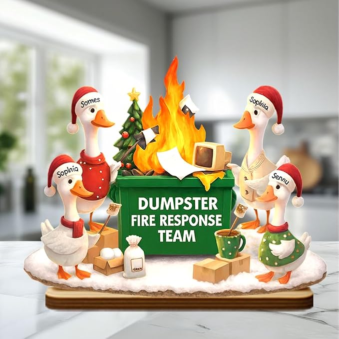 Funny Goose Dumpster Fire Response Team Wooden Plaque 2025, Personalized Flaming Dumpster Sign, Custom Name Group Plaque, Humorous Holiday Gift for Coworkers