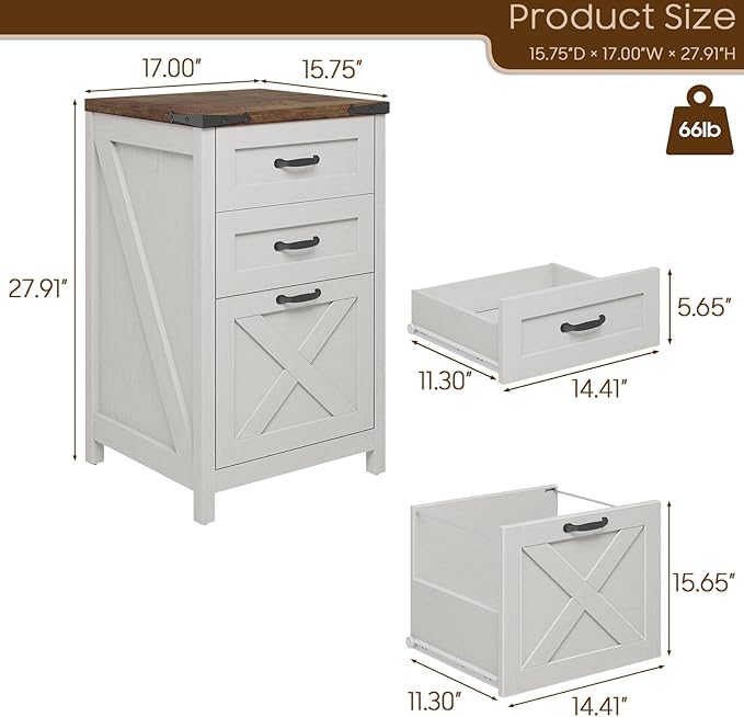 Vertical File Cabinet with 3 Drawers, Wooden Farmhouse Filing Cabinet for Letter/A4 Size Hanging Files, Under Desk Printer Stand with Storage for Home Office, Rustic White