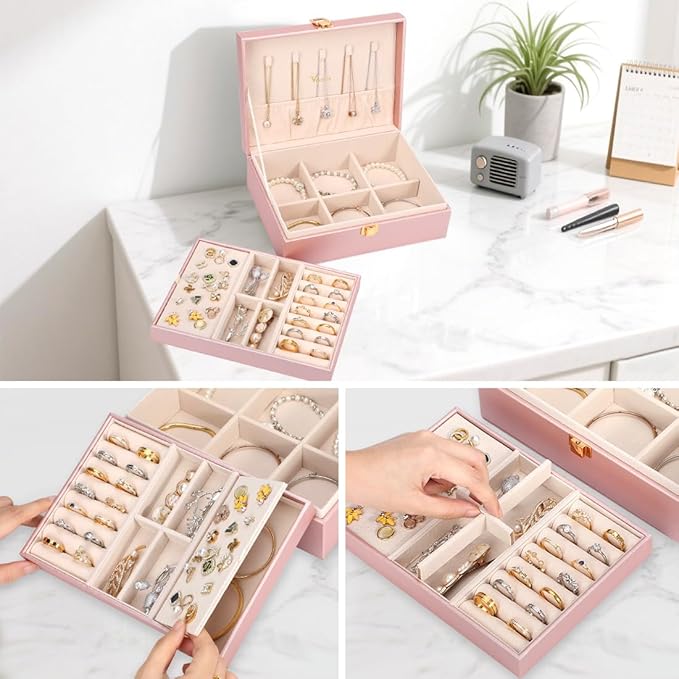 Voova Jewelry Box Organizer for Women Girls, 2 Layer Large Men Jewelry Storage Case, PU Leather Display Jewellery Holder with Removable Tray for Necklace Rings Bracelets,Vintage Gift,Rose Gold