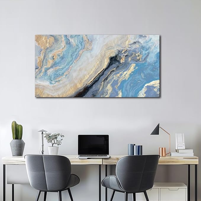 Abstract Canvas Wall Art Decor for Living Room Blue Gold Marbling Pictures Painting for Bedroom Modern Abstract Canvas Art Ptints for Bathroom Office Home Decorations