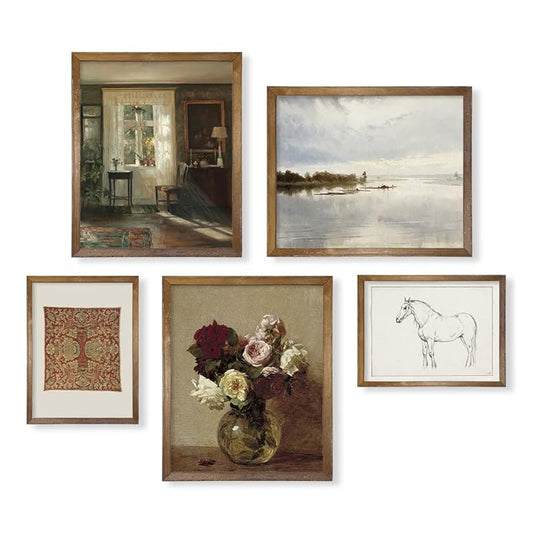 Neutral Wall Art for Boho French Country - Aesthetic Flower Landscape Lake Poster - Vintage Modern Farmhouse Wall Decor - Bathroom Picture Bedroom Print - Green Cottagecore Room Decor - Gallery Set 5