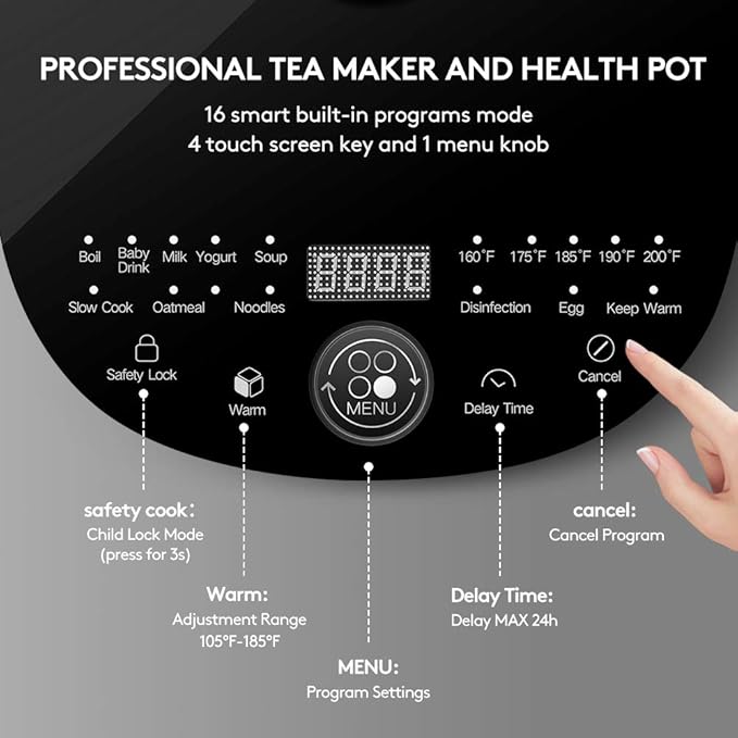 Electric Kettle Temperature Control Glass Tea Kettle Programmable Control Tea Pot, 2 Liter Stainless Steel Tea Maker & Coffee Kettle with Tea Infuser, Egg Cooker and Yogurt Box, BLACK