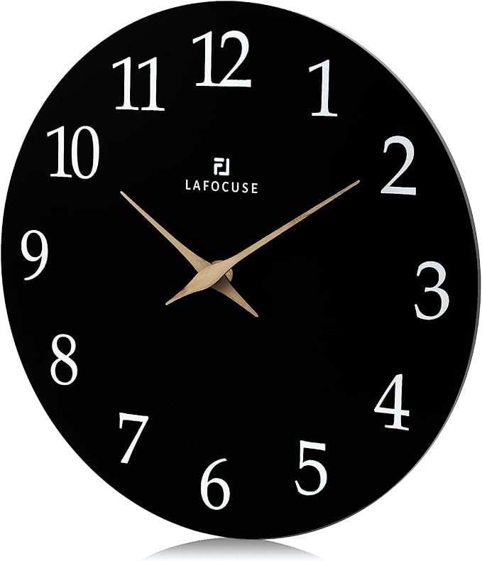 Lafocuse 12 Inch Silent Black Wall Clock Battery Operated for Living Room Decor, Simple Minimalist Wooden Wall Clock for Kitchen Bedroom Office