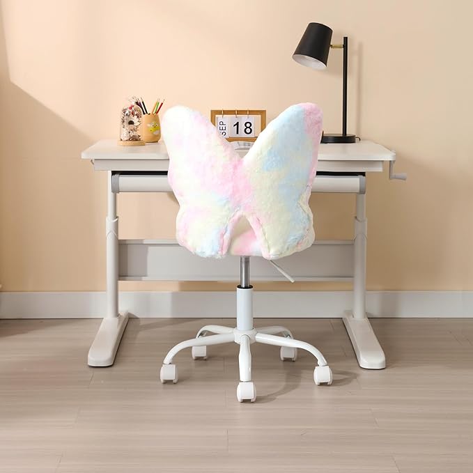 Cute Fuzzy Kids Chair for Teenage Girls Rolling Study Desk Student Chair Furry Computer Task Chair, Adjustable Butterfly Shaped Reading Vanity Chair for Bedroom, Colorful