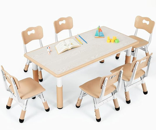 Arlopu Kids Table and 6 Chairs Set, Height Adjustable Graffiti Desk, Preschool Activity Art Craft Table, for Daycare Classroom Home Boys and Girls Age 3-12 (Beige)