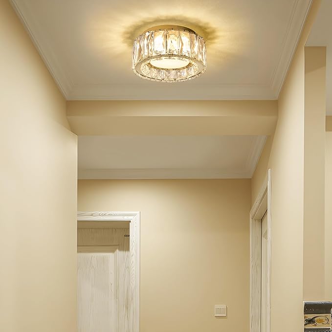 Modern Dimmable LED Luxury Crystal Gold Flush Mount Ceiling Light Fixture,7.87 Inch 15W,3CCT,Mini Round Close to Ceiling Chandelier for Hallway,Kitchen,Laundry Room,Entryway
