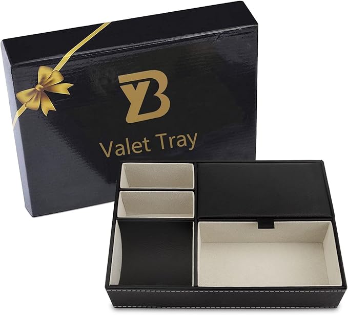 Baoyun Mens Valet Tray Organizer, Mens Jewelry Box, Nightstand Organizer for Men with 5 compartments, Faux Leather Key Tray for Entryway Table, Bedside Storage for Watch, Coin, Phone Gifts for Men