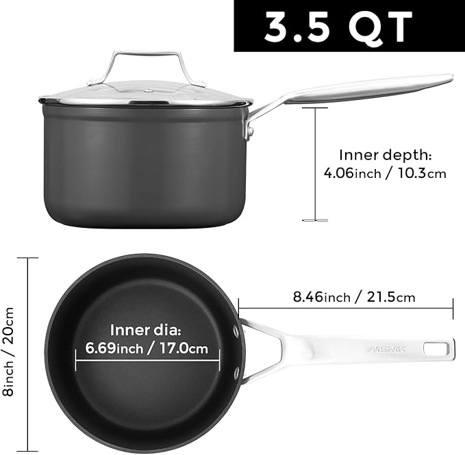 MSMK 3.5 Quart Non stick Sauce Pan with lid, Stay-Cool Handle, Burnt also Nonstick, PFOA Free Non-Toxic, Scratch-resistant, Induction Cooking Pot