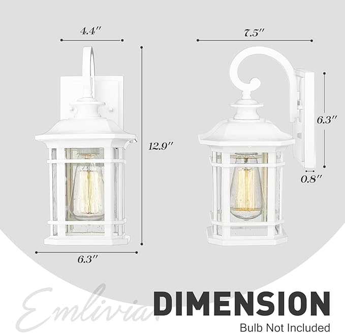 Emliviar 2 Pack Farmhouse Exterior Lights for House, 1-Light Modern Outdoor Wall Lights with Seeded Glass, White Finish, 2084B-2WH