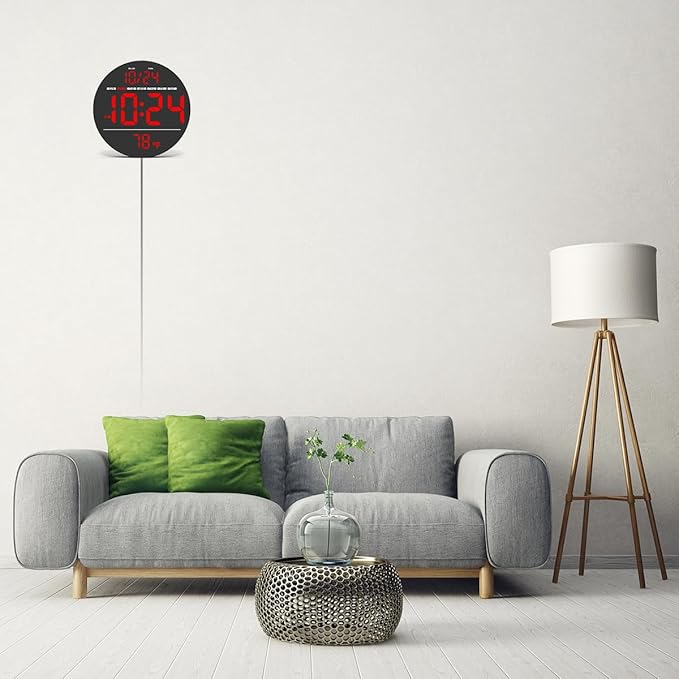 Digital Wall Clock with Large LED Display, Date, Temperature, Auto-Brightness | Small [PLUG-IN] Clock | Modern Electric Wall Clock for Bedroom, Classroom, Living Room, Home, Office, Farmhouse – Red