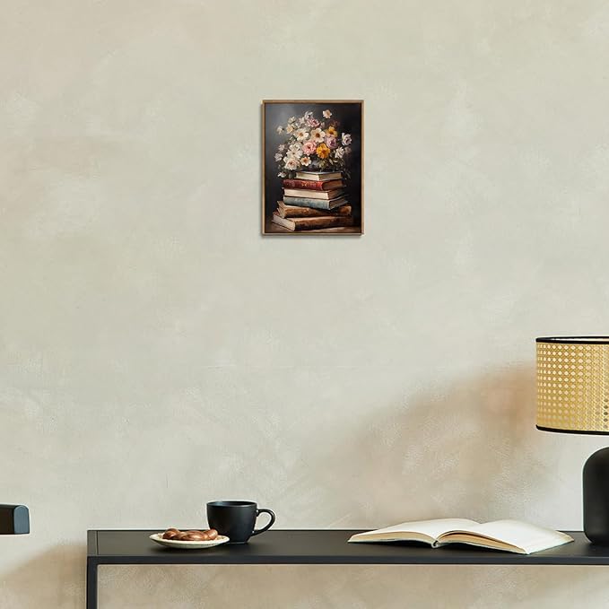 Djmwtb Vintage Framed Wall Art Floral Book Canvas Wall Art Literary Art Prints Flower Painting Moody Pictures Wall Decor Artwork for Living Room Bedroom Bathroom Office 8x10in