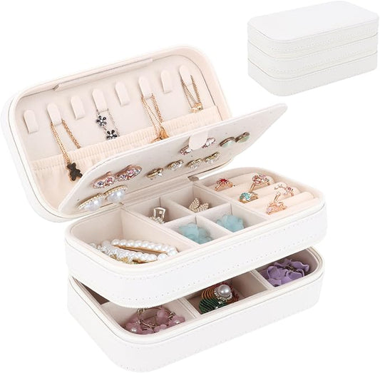 DesignSter Small Travel Jewelry Box with Double Zipper, 2 Layers PU Portable Jewelry Case for Women and Girls,Travel Jewelry Organizer for Rings, Earrings, Necklaces, Bracelets,Beige