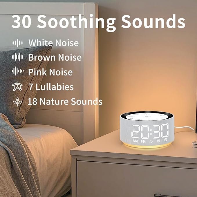 【3 in 1】Sound White Noise Machine Alarm Clock with 30 Sleeping Sounds Sleep Brown Noise Machine for Baby Kids Adults Backup Battery 32 Level Volume 5 Timers Night Light Memory Function for Home Office