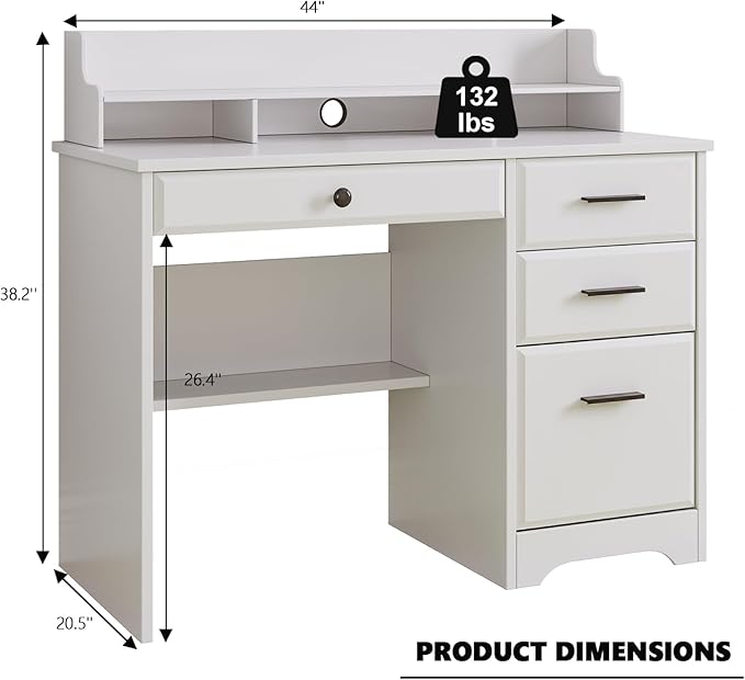 4 EVER WINNER White Desk with Drawers, Small Computer Desk with File Drawer for Small Spaces, Home Office Desks with Monitor Stand Wood Table for Study Writing, White