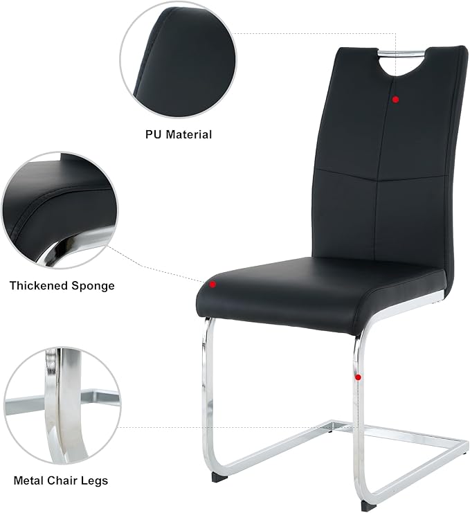 Goujxcy Modern Glass Dining Table Set for 6, Glass Silver Kitchen Table and Chairs Set, 7 Piece Dining Room Table Set with 51" Rectangle Dinner Table and 6 Black Leather Dining Chairs