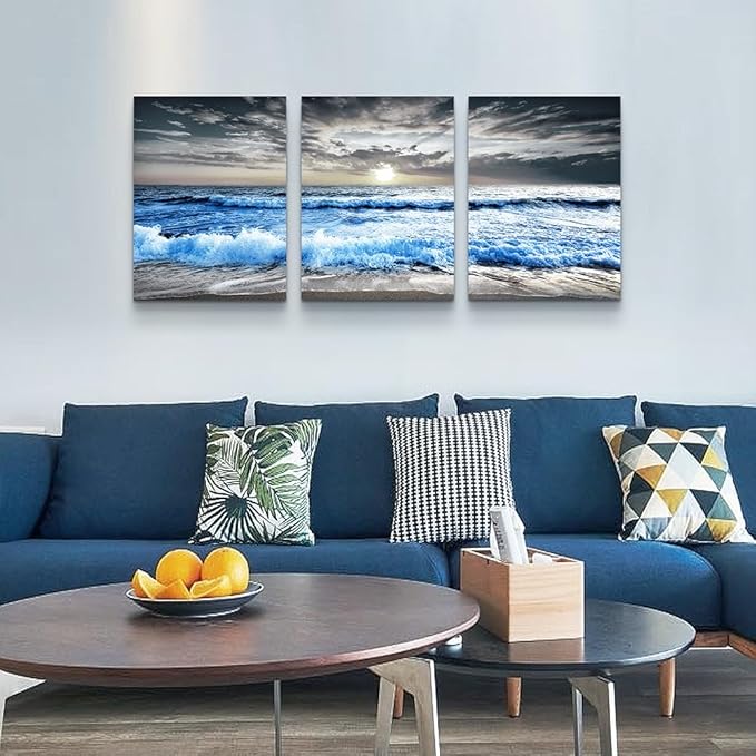 MHARTK66 Large Canvas Wall Art for Living Room, Bedroom, Office Decor - Blue Ocean Wave Seascape Pictures, Black and White Beach Painting - Modern Home Decorations