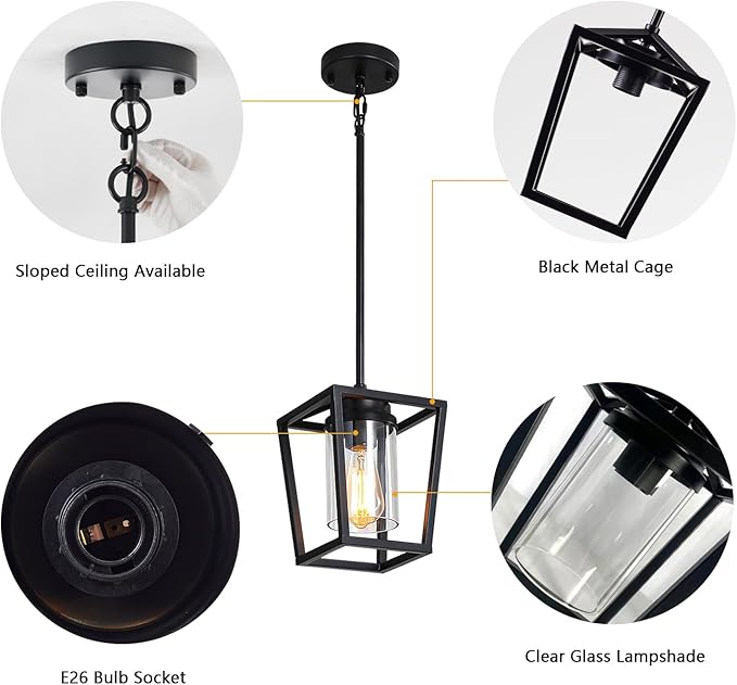 SGLfarmty 1-Light Black Pendant Lights Kitchen Island, Farmhouse Cage Metal Hanging Light Fixtures with Glass Shade，Adjustable Lantern Pendant Lighting for Dining Room, Entryway, Hallway