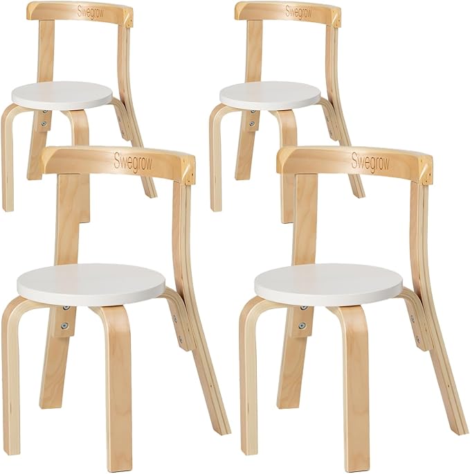 Swegrow Wooden Kids Chair, Toddler Chair for Table, Kids Stackable Chairs, Kid Wooden Furniture for Family/Playroom/Classroom（Set of 4-White）