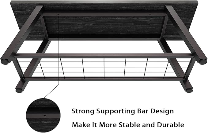 Industrial Entryway Bench Rustic Wood and Metal Storage Bench for Indoor Living Dining Room Bedroom Long Shoe Benches Seat (Charcoal Black)