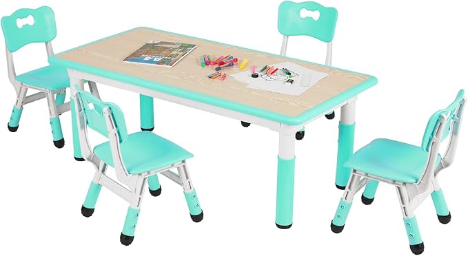 Arlopu Kids Table and 4 Chair Set, Height Adjustable Toddler Table and Chair Set, Non-Slip Legs, Graffiti Desktop, Large Children Activity Table, Reading Daycare Classroom Home (Light Green)