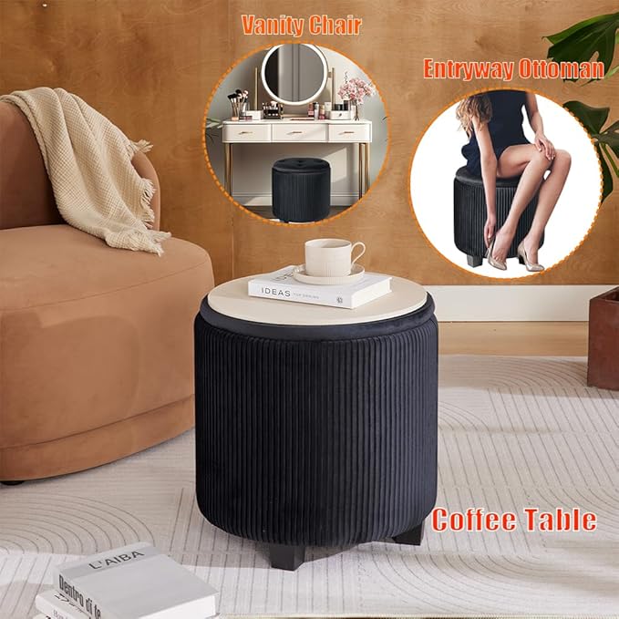 Round Ottoman with Storage Set of 2-Upholstered Sherpa Vanity Stool for Makeup Multifunctional Ottomans Coffee Table Padded Seat Foot Rest (Engineered Wood, Large Black)