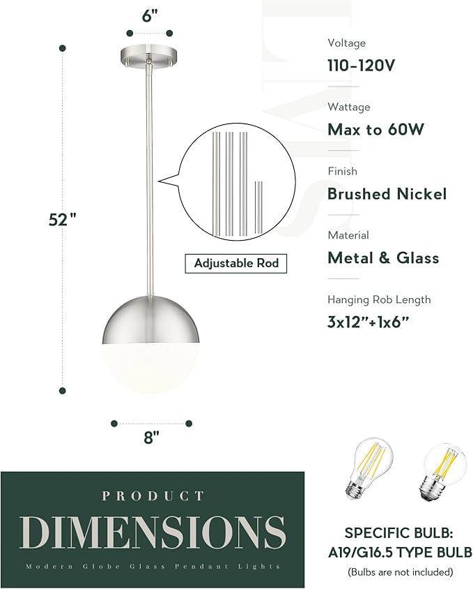 LMS Farmhouse Pendant Light Fixtures, Brushed Nickel Pendant Light with Globe Glass, Adjustable Hanging Lighting for Kitchen Island, Bedroom, Bathroom, LMS-203