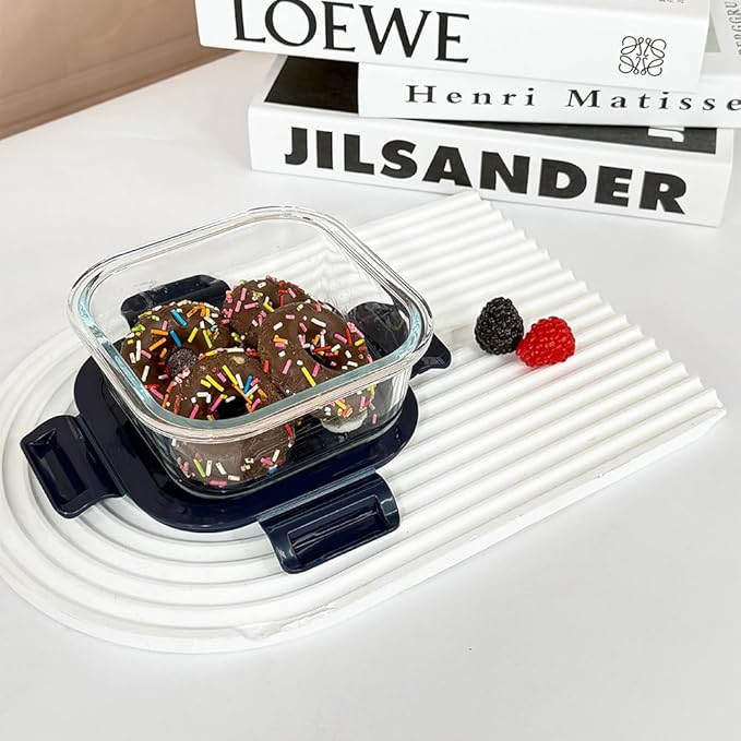 Square Glass Food Storage Containers With Lids，2 Cup Square Glass Containers With Lids, Small Food Containers, 16 oz Leak-proof lunch Bowls, Dishwasher Microwave Freezer Safe -(Dark Blue)