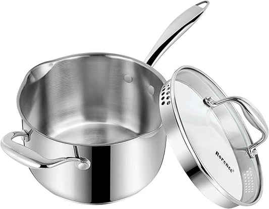 Rorence Stainless Steel Saucepan Sauce Pan with Pour Spout & Glass Lid with Strainer - 3.7 Quart