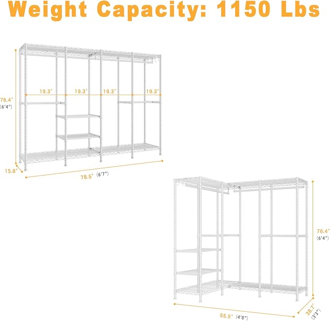 H41 Garment Rack Heavy Duty Clothes Rack, Clothing Racks for Hanging Clothes, Extra Large Freestanding Portable Closet Wardrobe Rack 78.5'' W × 15.8'' D × 76.4'' H, Max Load 1150 Lbs, White