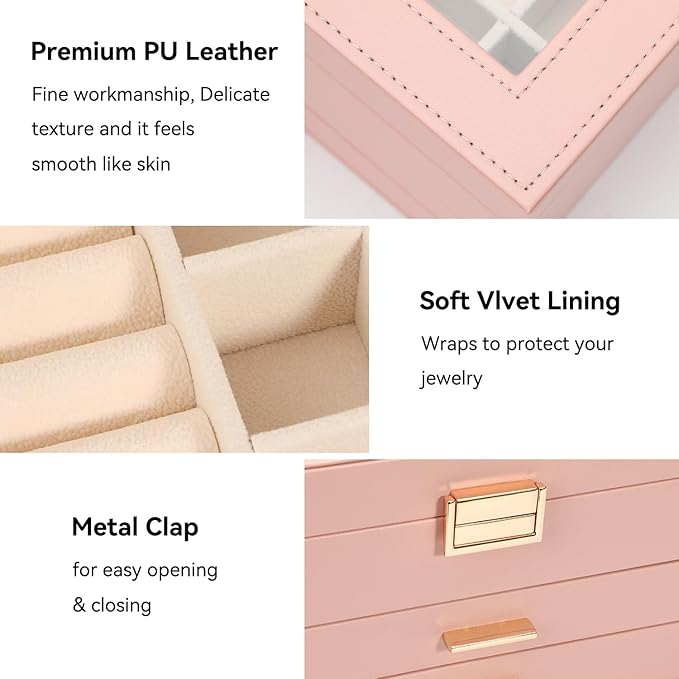 Voova Jewelry Box Organizer for Women Girls, 3 Layer PU Leather Jewelry Storage Case with Glass Lid & 2 Drawers, Large Jewellery Display Holder for Necklaces Rings Earrings Bracelets, Pink