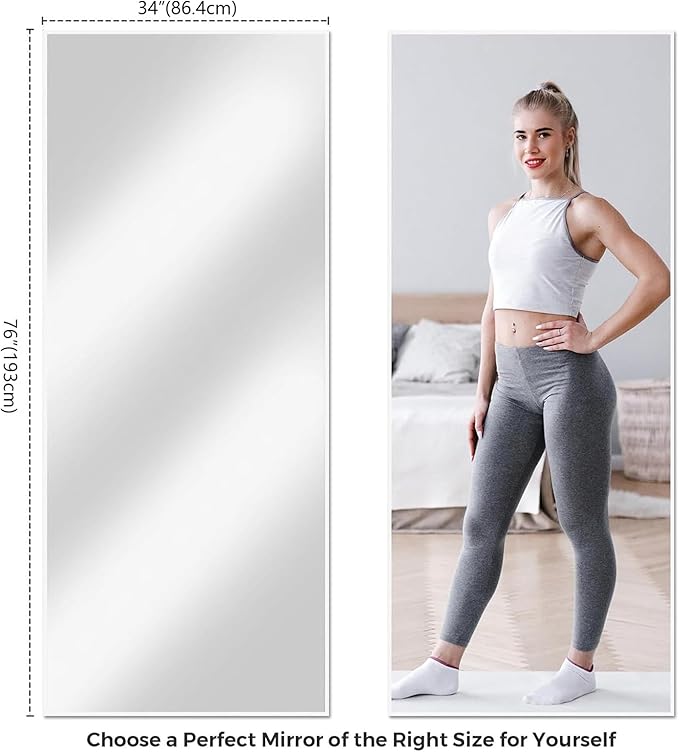 Koonmi Large Mirror Full Length 34"x76", Tempered Glass Floor Body Mirror with Stand, High Definition Imaging, Metal Frame, Hanging Leaning or Standing, Silver