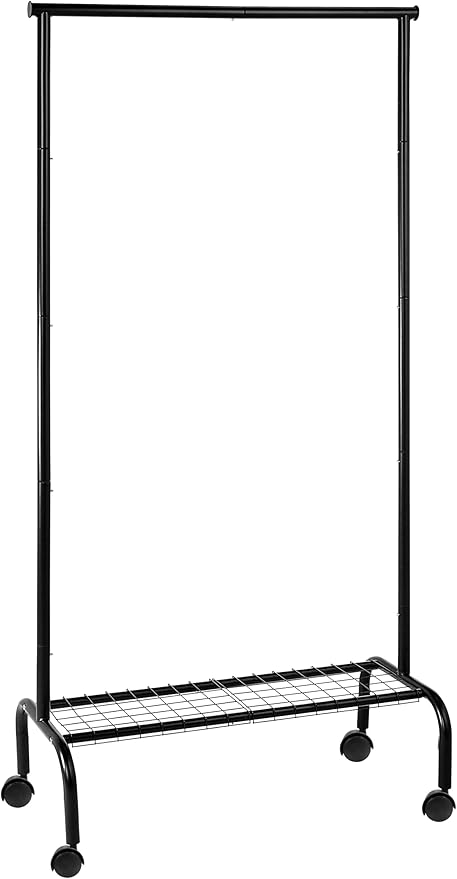 SunnyPoint Rolling Garment Rack with Shelf – Heavy-Duty Metal Clothing Rack on Wheels, 64.9” Tall Clothes Organizer with Bottom Storage, Black