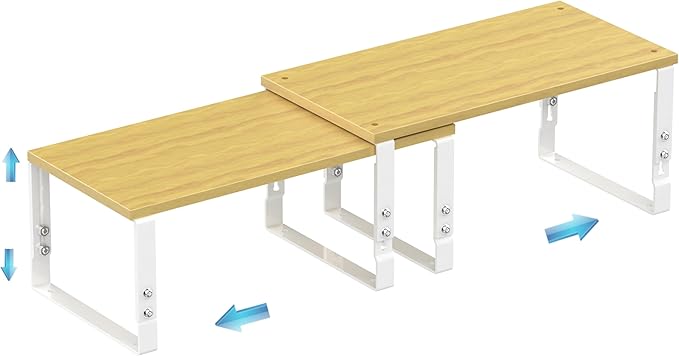 Expandable Kitchen Cabinet Organizer Shelves – Stackable Adjustable Metal and Wood Storage Racks for Countertop, Pantry, Garage Set of 2 Spice Rack – Easy Assembly, Space-Saving(1 Pack/Large/White)