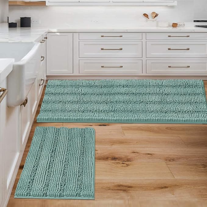 Non Slip Thick Shaggy Chenille Bathroom Rug Mat Set Extra Soft and Absorbent Striped Floor Rugs, 2 Piece, Machine-Washable
