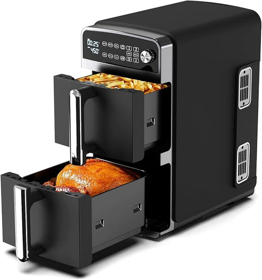10QT Dual Layer Air Fryer Oven, 5QT×2 Capacity, Vertical 2-Basket Design, 7-in-1 Function with Broil, Roast, Bake, Reheat, Dehydrate, and Air Fry, Family Size, BPA-Free