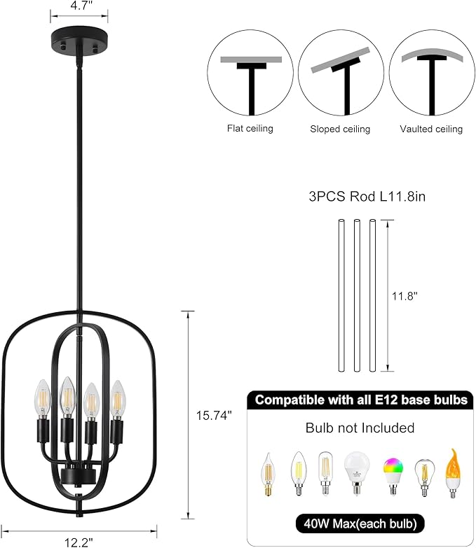 Small Modern Black Chandelier for Foyer, 4 Light Industrial Entryway Lighting Fixtures,Farmhouse Pendant Light for Kitchen Island Stairway Hallway Dining Room