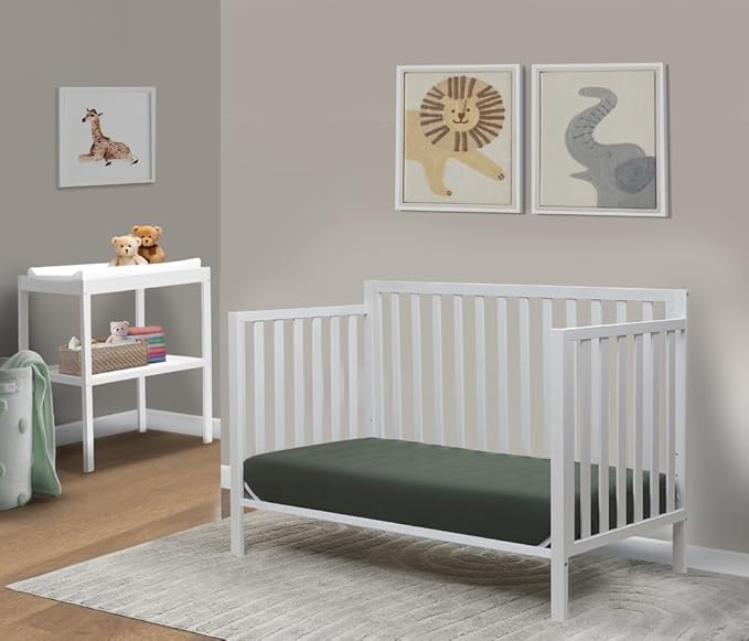 Sorelle Essex Euro 4-in-1 Convertible Crib & Changer – Nursery Furniture Set, Wooden Baby Crib with Non-Toxic Finish, Integrated Changer, Toddler Bed, Daybed, and Full-Size Bed Conversion Kit – White