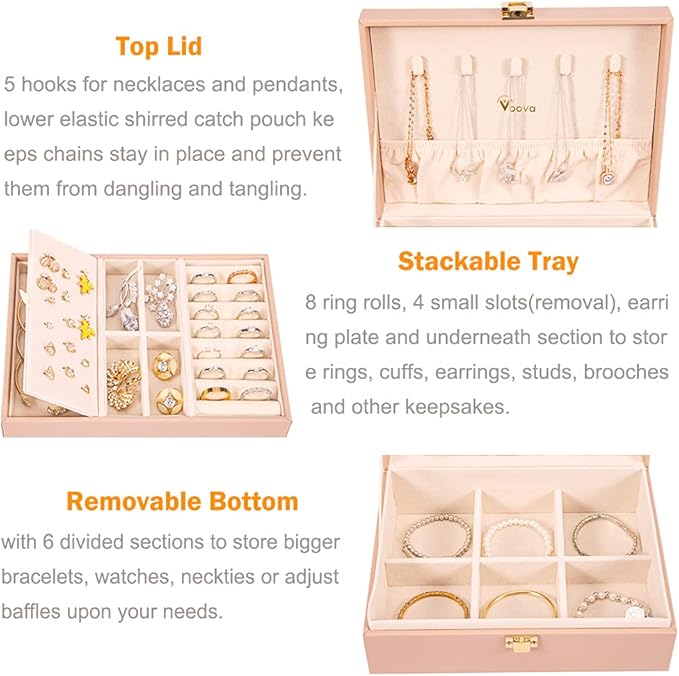 Voova Jewelry Box Organizer for Women Girls, 2 Layer Large Men Jewelry Storage Case, PU Leather Display Jewellery Holder with Removable Tray for Necklace Earrings Rings Bracelets, Vintage Gift, Pink