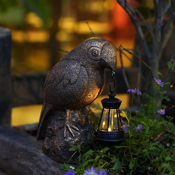 Outdoor Figurine Lights-Solar-Powered Parrot Garden Light - Waterproof Resin Statue, Auto-Charging led lamp for Outdoor Decor - Unique Birthday, Christmas Present (Bronze-Colored)