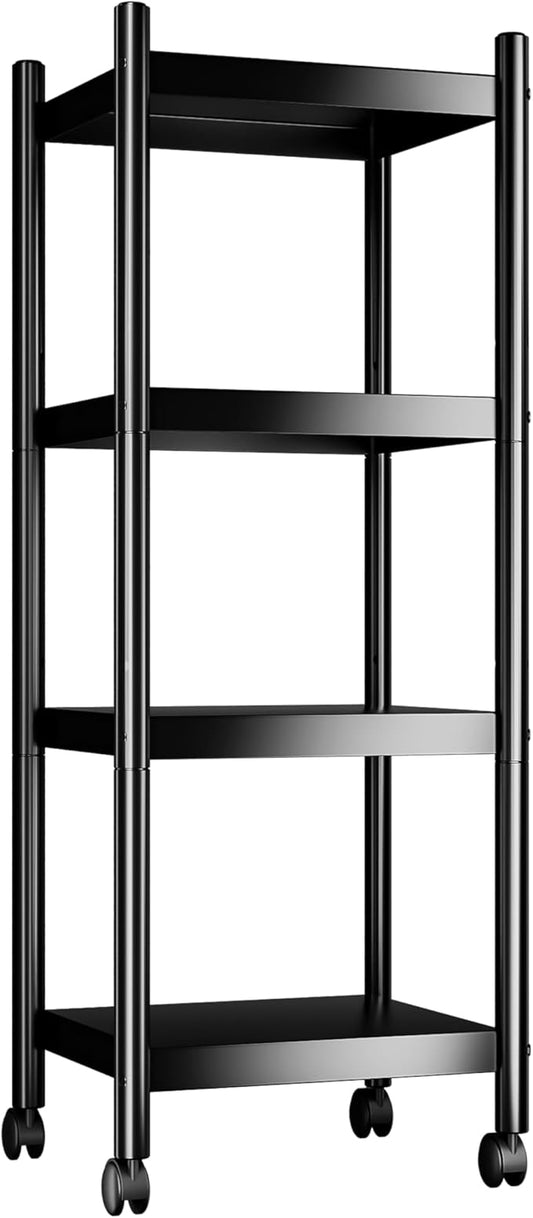 VETALLO 4 Tier Metal Shelving Unit Storage Shelves Rack Utility Small Stand Shelf Cart Organizer On Wheel for Home Kitchen,Garage,Narrow Pantry,Closet,Laundry,Bathroom(15.7" L x 11.8" W x 41.7" H)