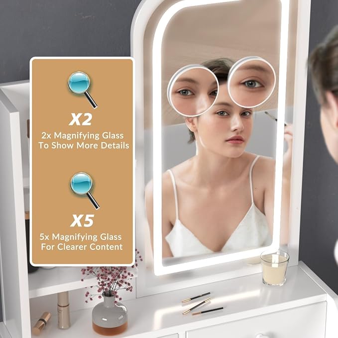 HOMEMORE Small Vanity Desk with Mirror and Lights, Makeup Vanity Desk with 3 Drawers & 3 Shelves, 2X & 5X Magnifying and Power Outlet, Dressing Table for Bedroom,White