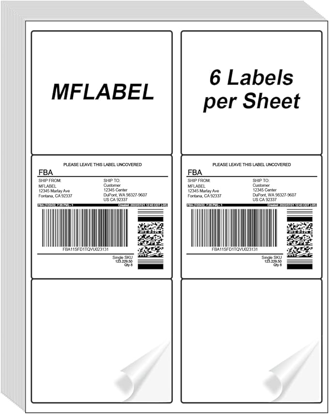 MFLABEL 3-1/3" x 4" Shipping Address Labels, FBA Labels, 6-UP Sticker Labels, White Shipping Labels, Easy to Peel, Address Labels for Laser/Ink Jet Printer, 6 Per Page (900 Labels, 150 Sheets)