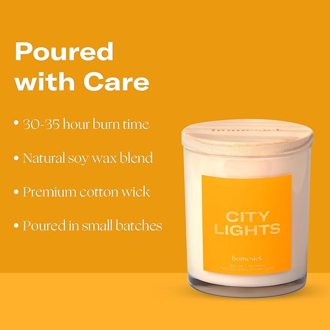 Homesick Scented Candles for Home (City Lights) - 7.5 oz Long-Lasting Natural Soy Wax Blend Jar Candle Gift for Women & Men for All Occasions, 30-35 Hours Burn Time - Notes of Amber & Bergamot