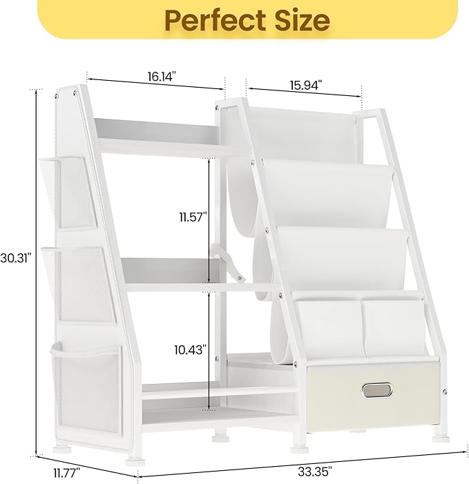 Kids Bookshelf and Toy Storage Organizer: White Book Shelf for Kids Room with Drawer to Storage Books and Toys Organizer - 3 Tire Toddler Bookshelf with 3 Side Pockets for Nursery, Bedroom, Playroom
