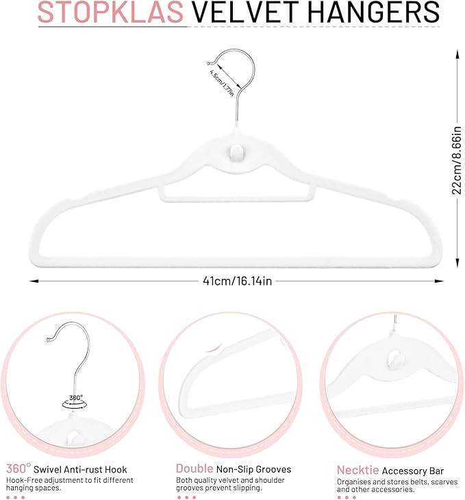 Velvet Hangers 30 Pack, STOPKLAS White Clothes Hangers Non Slip Felt Hangers with 360° Swivel Hook, Thin Hangers Space Saving, Heavy Duty Closet Hangers for Clothes, Coats, Suits, Dress, Pants